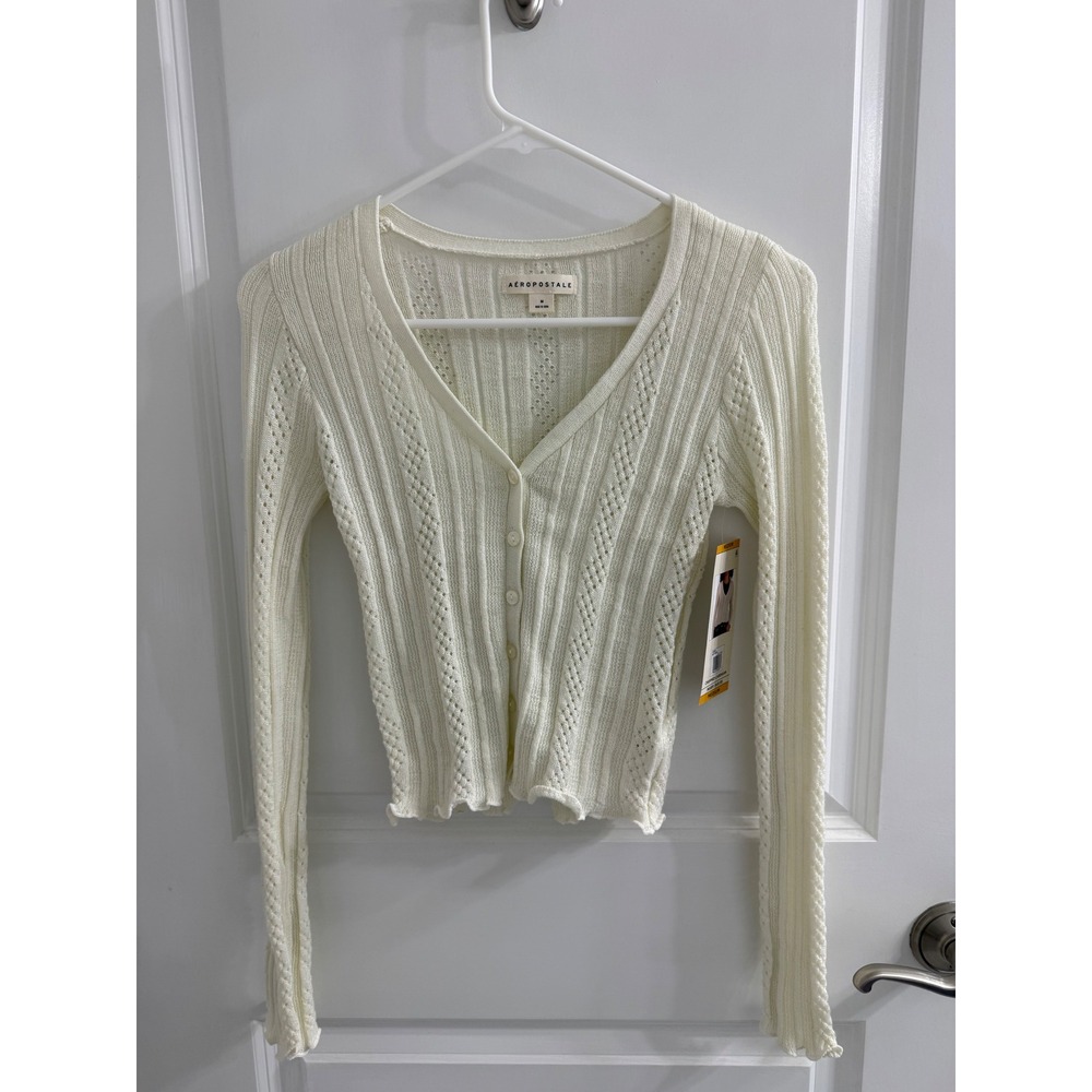 Aeropostale Womens Cropped Cardigan Pointelle Knit V-Neck Tofu White Size M